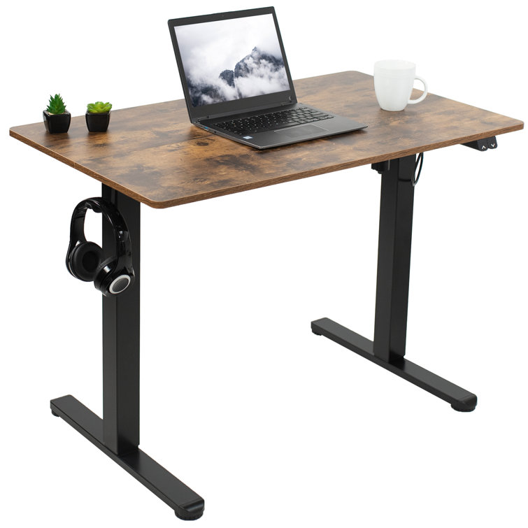 Adjustable Vintage Brown & Black Electric Sit-Stand Desk with Keyboard Tray