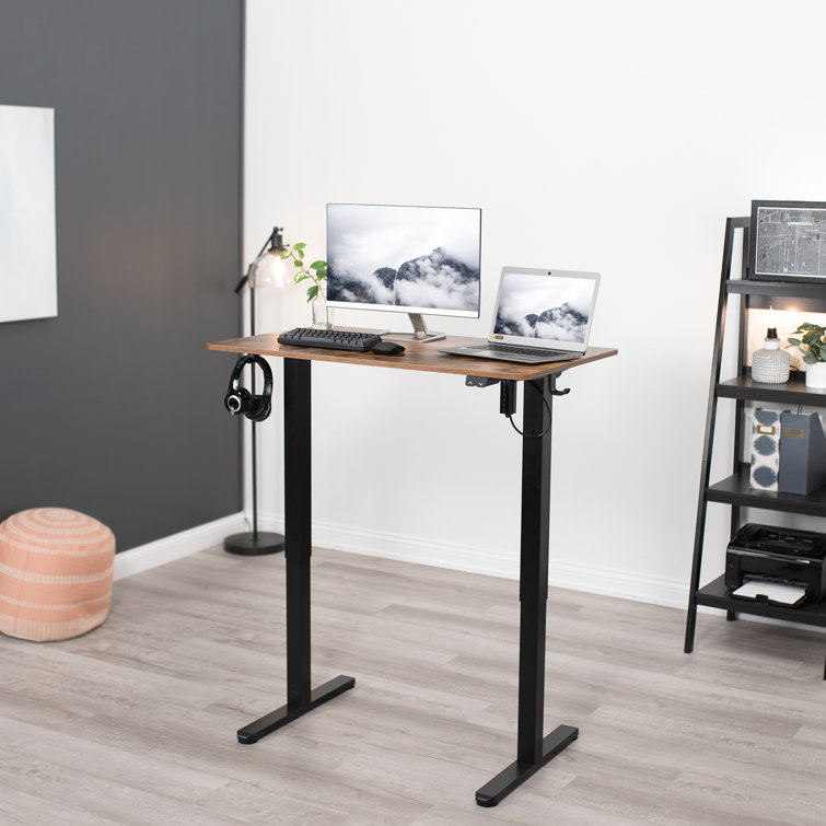 Adjustable Vintage Brown & Black Electric Sit-Stand Desk with Keyboard Tray