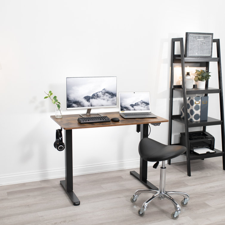 Adjustable Vintage Brown & Black Electric Sit-Stand Desk with Keyboard Tray