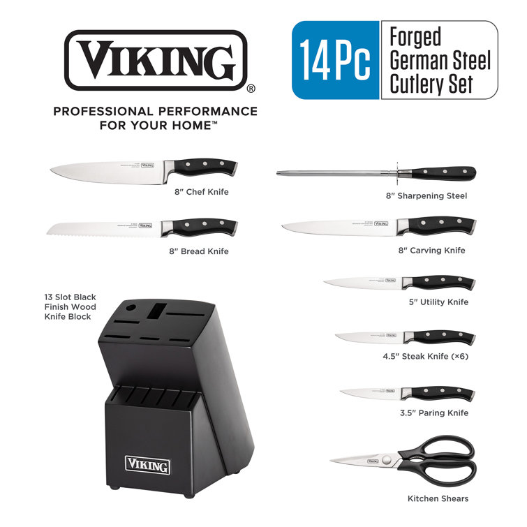 Viking 14 Piece X50CrMoV15 Stainless Steel Cutlery Block Set, Black Block