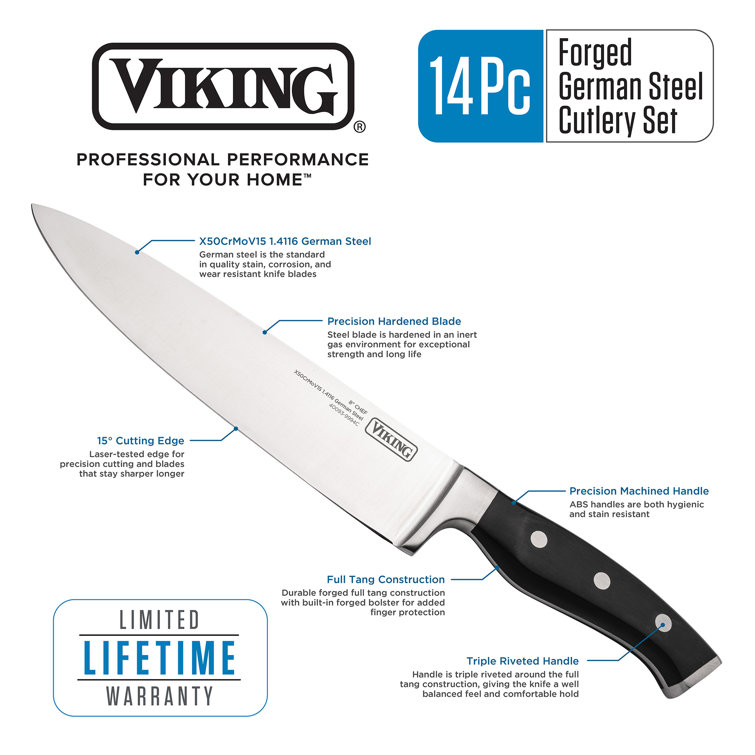 Viking 14 Piece X50CrMoV15 Stainless Steel Cutlery Block Set, Black Block