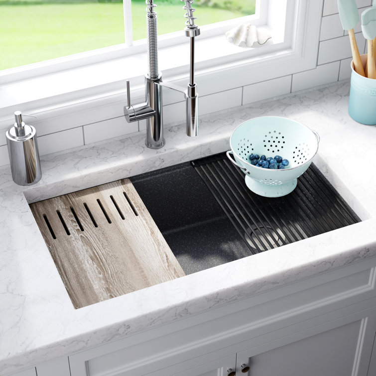 33 in. Metallic Black Granite Composite Single Bowl Kitchen Sink with Accessories