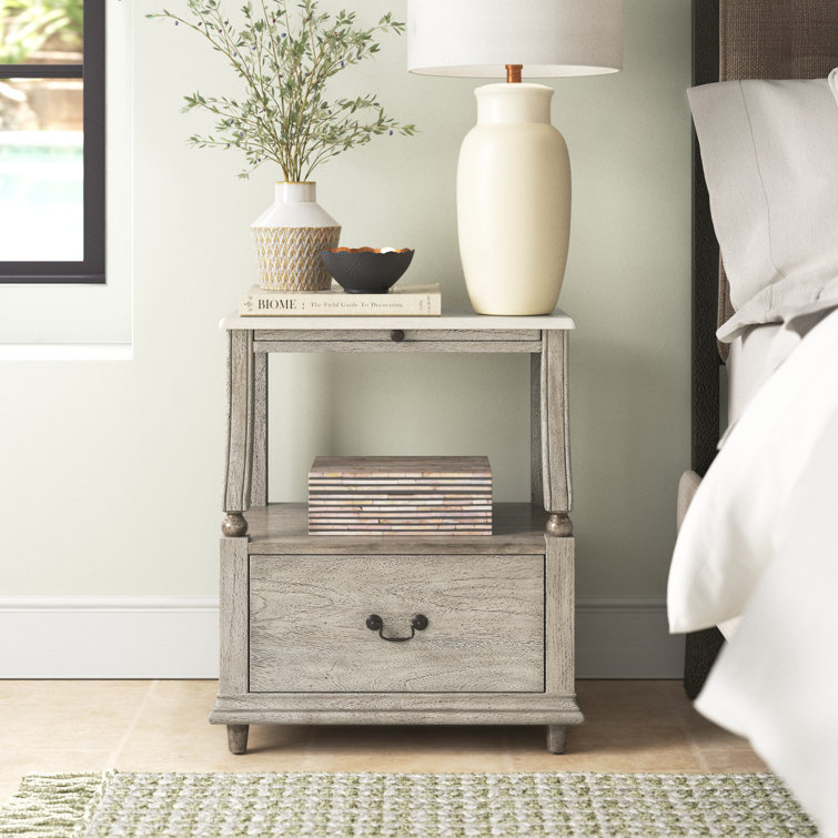 Gray Mahogany and Marble 1-Drawer Nightstand