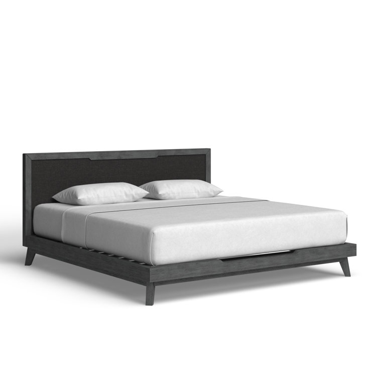 Gray Wash Queen Upholstered Wood Platform Bed with Linen Headboard