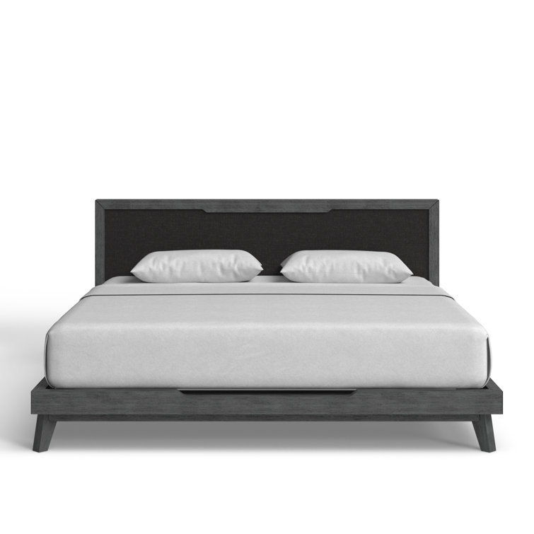 Gray Wash Queen Upholstered Wood Platform Bed with Linen Headboard