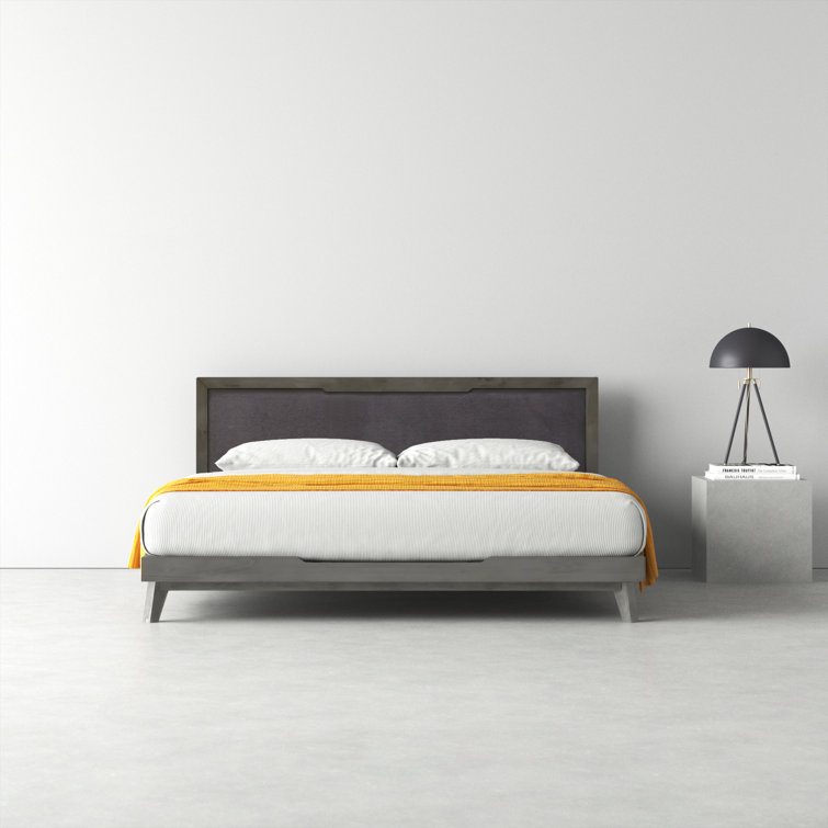 Gray Wash Queen Upholstered Wood Platform Bed with Linen Headboard