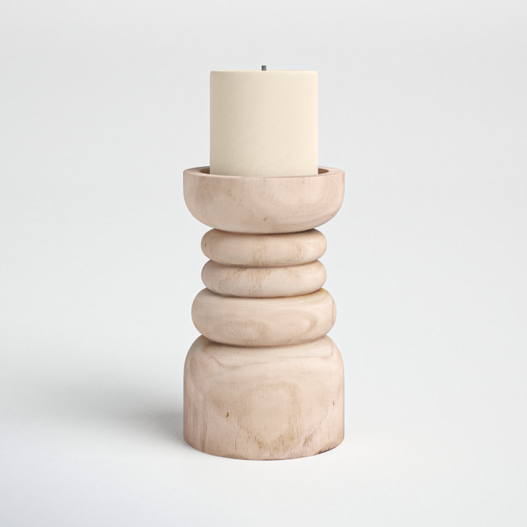 Light Wood Carved Tabletop Pillar Candle Holder