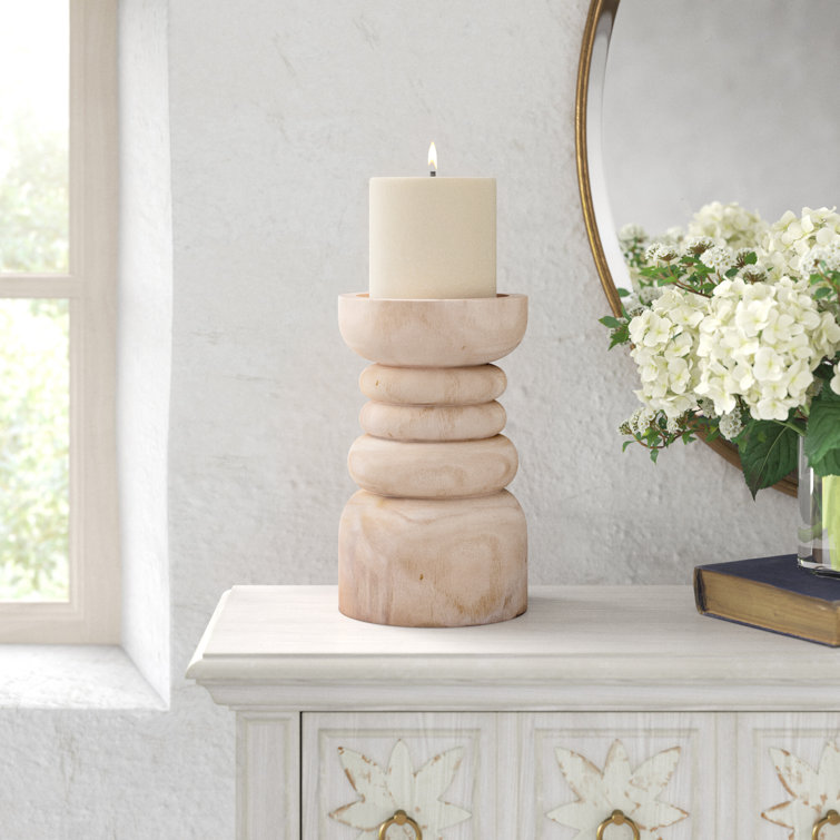 Light Wood Carved Tabletop Pillar Candle Holder