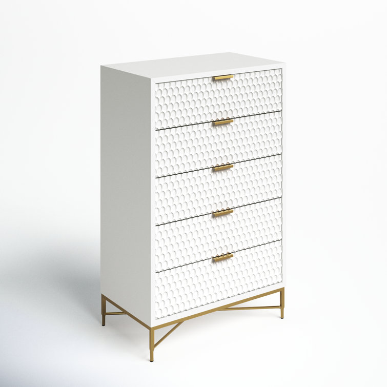 White Pearl Transitional 5-Drawer Chest with Gold Accents