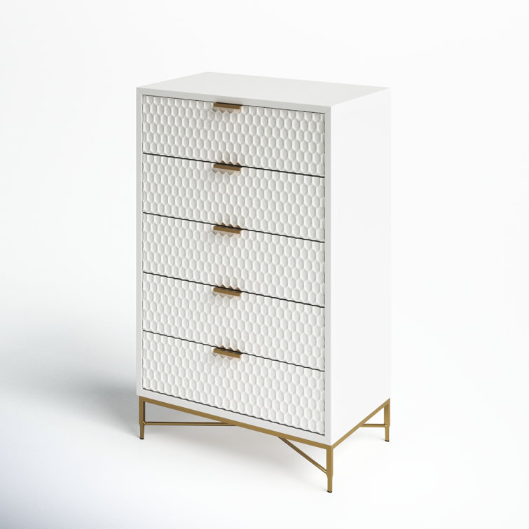 White Pearl Transitional 5-Drawer Chest with Gold Accents