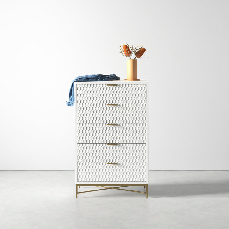 White Pearl Transitional 5-Drawer Chest with Gold Accents