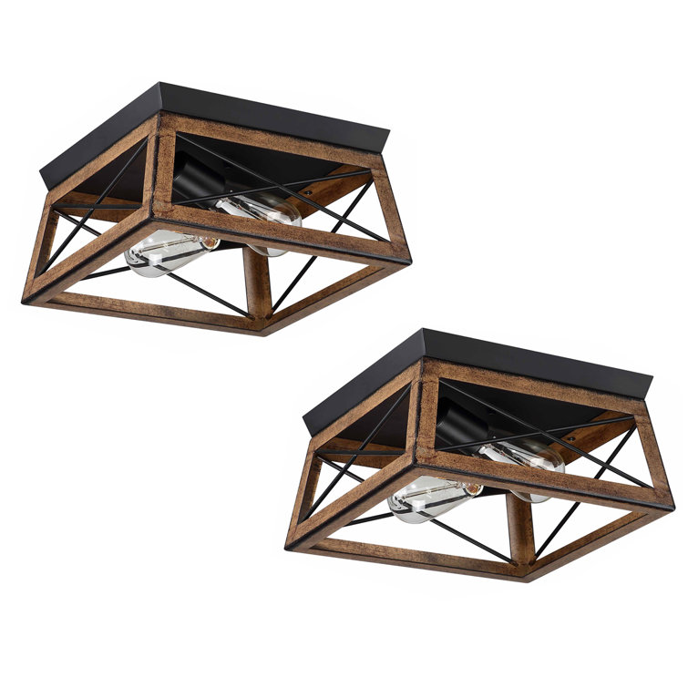 Brown Barnwood 2-Light Caged Flush Mount Ceiling Fixture
