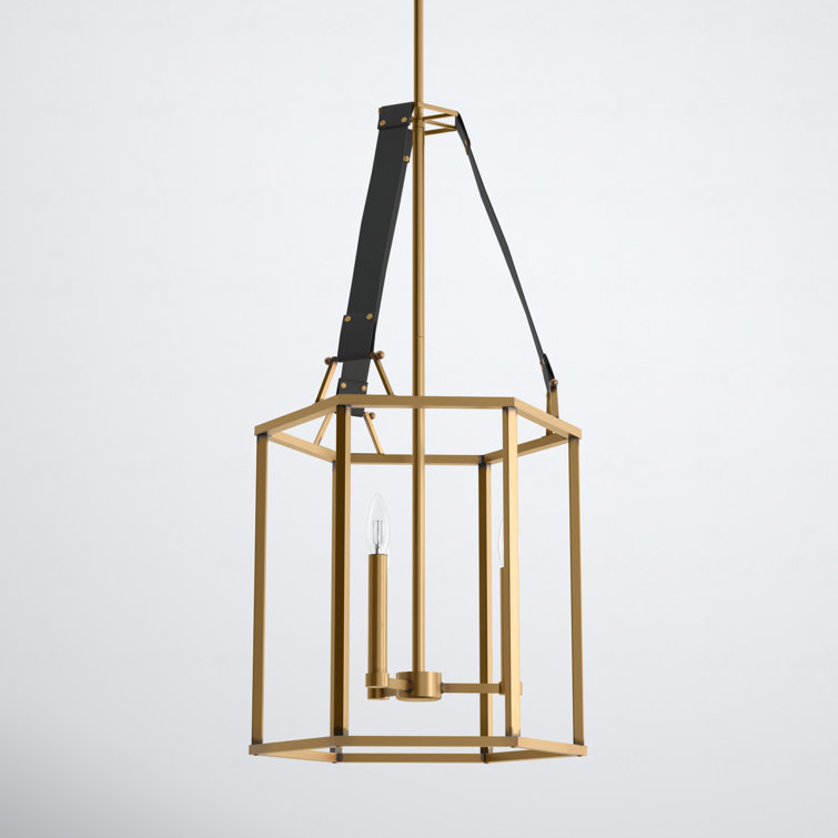 Monroe Heritage Brass Hexagonal Cage Chandelier with Suede Straps