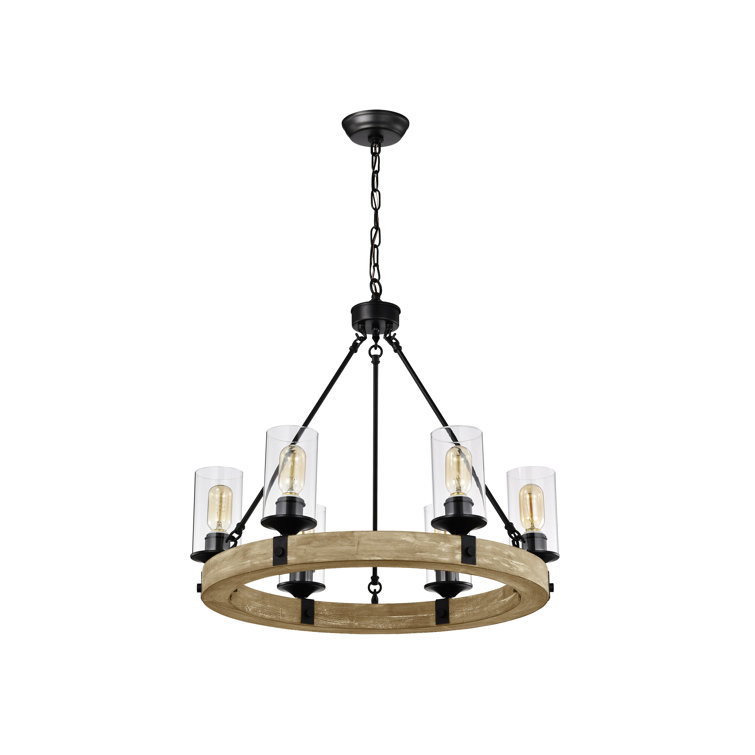 Rustic Farmhouse 6-Light Wagon Wheel Chandelier with Vintage Wood & Black Detail