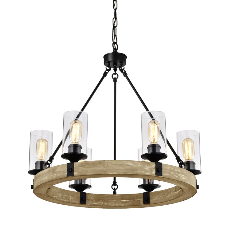 Rustic Farmhouse 6-Light Wagon Wheel Chandelier with Vintage Wood & Black Detail