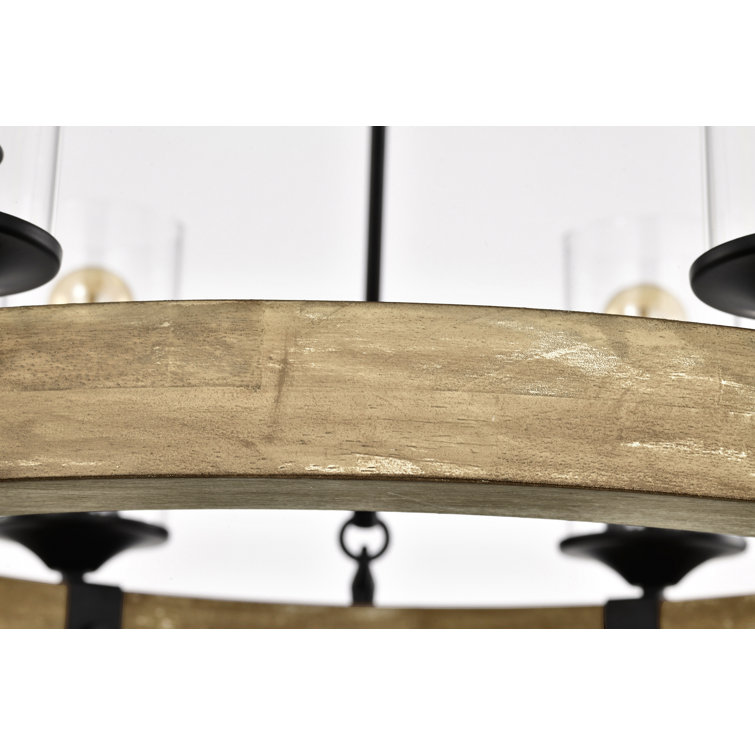 Rustic Farmhouse 6-Light Wagon Wheel Chandelier with Vintage Wood & Black Detail
