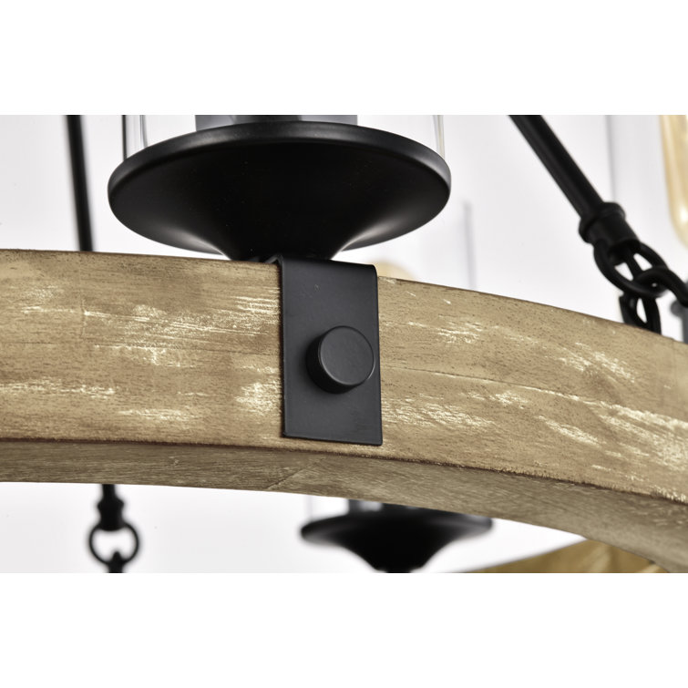 Rustic Farmhouse 6-Light Wagon Wheel Chandelier with Vintage Wood & Black Detail