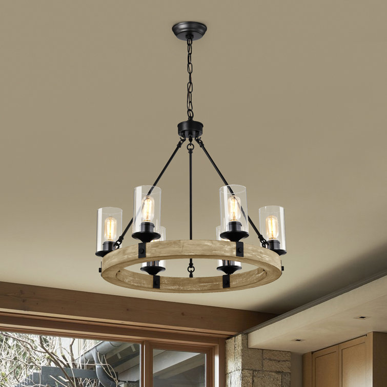Rustic Farmhouse 6-Light Wagon Wheel Chandelier with Vintage Wood & Black Detail