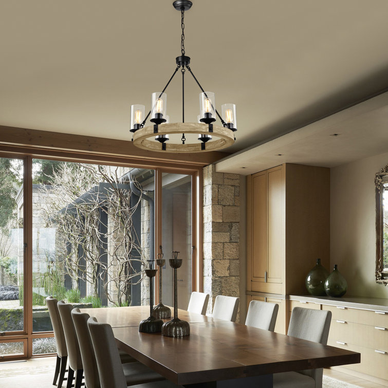 Rustic Farmhouse 6-Light Wagon Wheel Chandelier with Vintage Wood & Black Detail