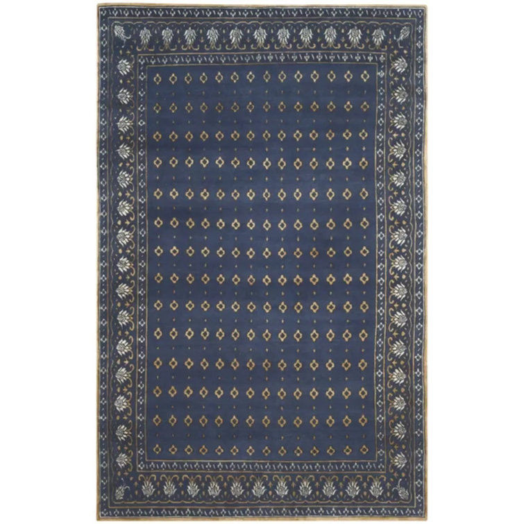 Indigo and Beige Geometric Hand-Knotted Wool Silk Rug, 6' x 9'