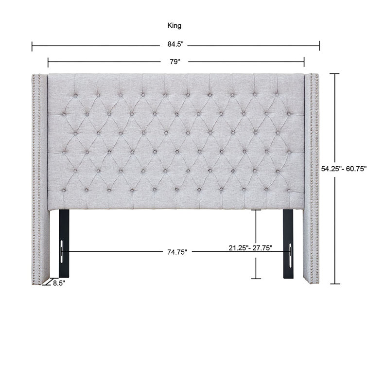 Gray King Upholstered Tufted Wingback Headboard with Nailhead Trim