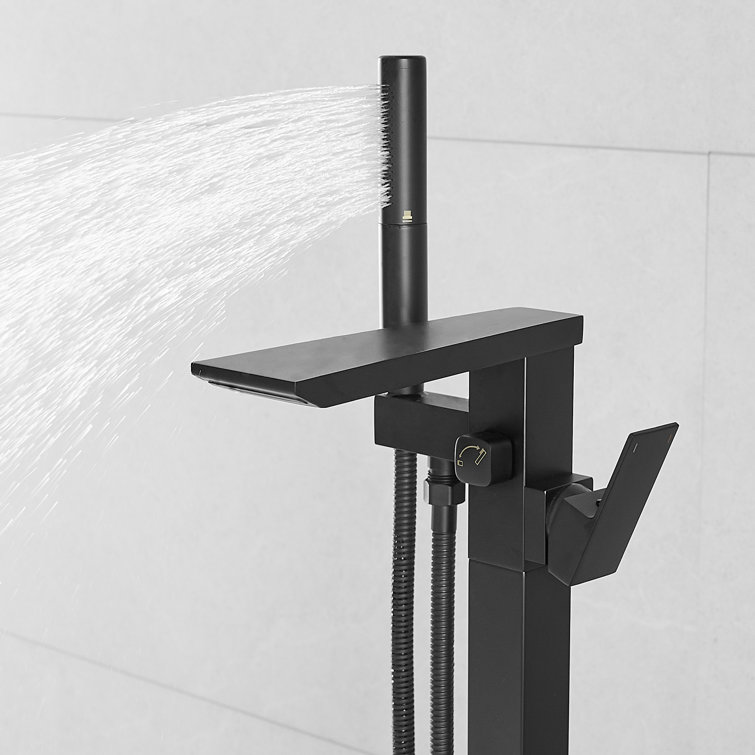 Matte Black Solid Brass Freestanding Tub Faucet with Handheld Shower