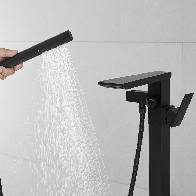 Matte Black Solid Brass Freestanding Tub Faucet with Handheld Shower