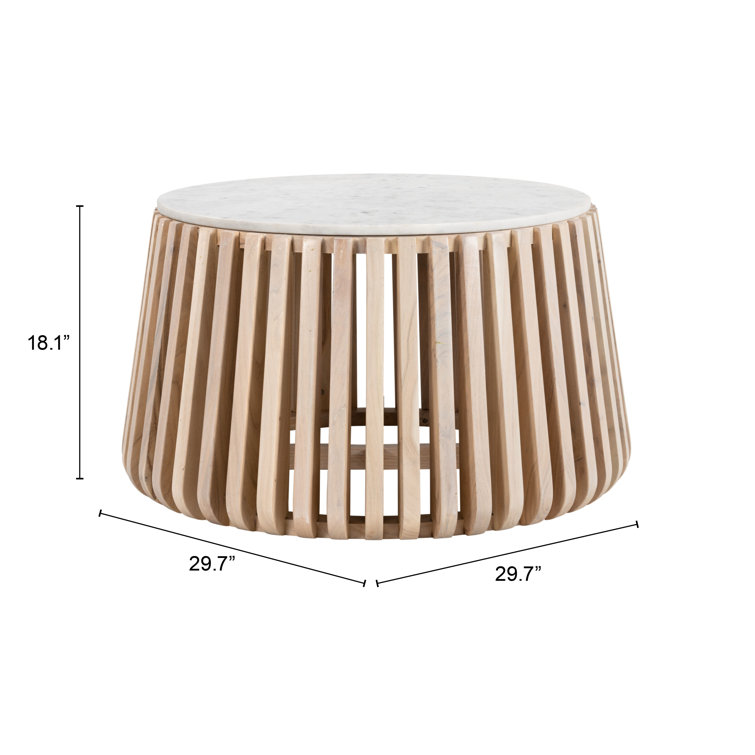 Round White Marble Top Coffee Table with Natural Wood Base