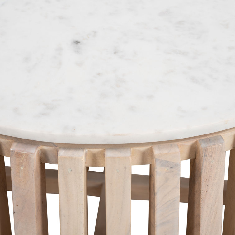 Round White Marble Top Coffee Table with Natural Wood Base