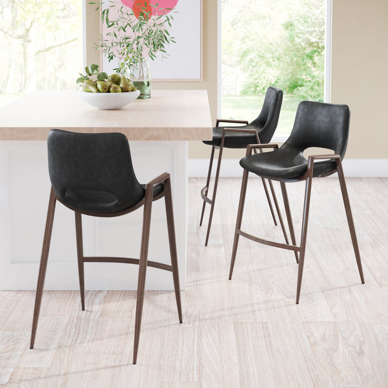 Black Leather and Walnut Wood Counter Stools, Set of 2