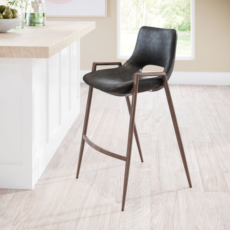 Black Leather and Walnut Wood Counter Stools, Set of 2