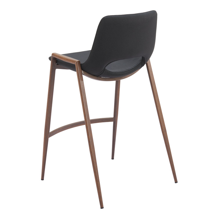 Black Leather and Walnut Wood Counter Stools, Set of 2