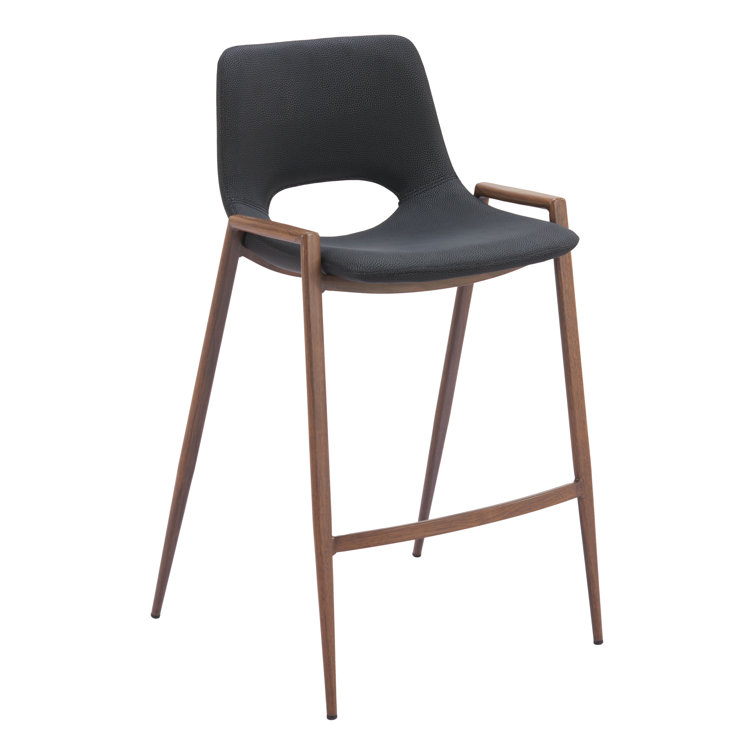 Black Leather and Walnut Wood Counter Stools, Set of 2