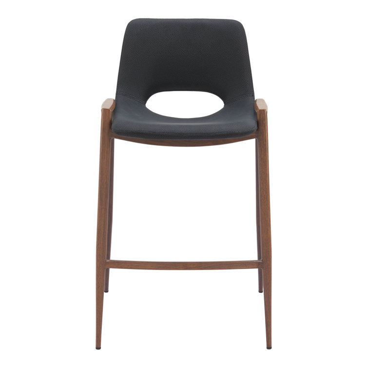 Black Leather and Walnut Wood Counter Stools, Set of 2
