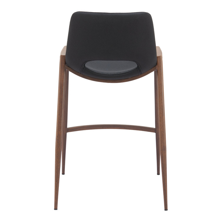 Black Leather and Walnut Wood Counter Stools, Set of 2