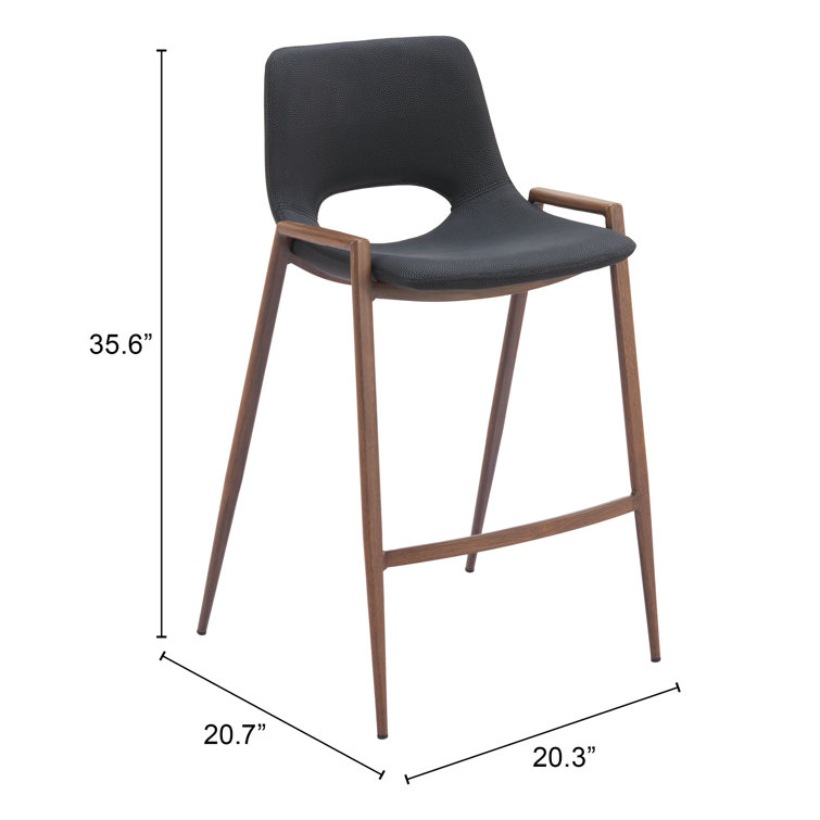 Black Leather and Walnut Wood Counter Stools, Set of 2