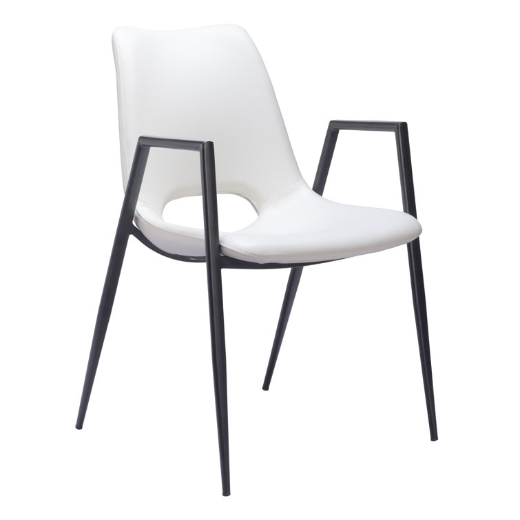 White Faux Leather Upholstered Arm Chair with Black Metal Legs