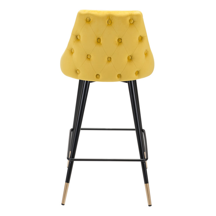 Yellow Velvet and Metal Counter Stool with Tapered Back