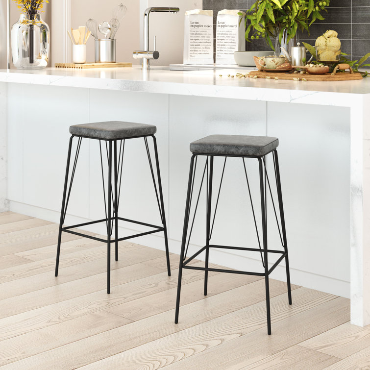 Samuel Adjustable Backless Vintage Black Metal and Wood Bar Stool