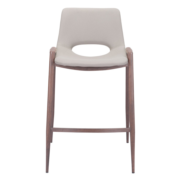 Beige Upholstered Counter Stool with Walnut Veneer Legs