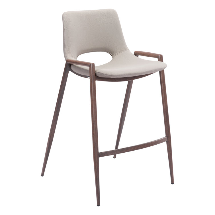 Beige Upholstered Counter Stool with Walnut Veneer Legs