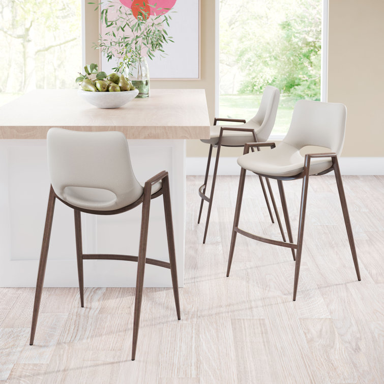 Beige Upholstered Counter Stool with Walnut Veneer Legs