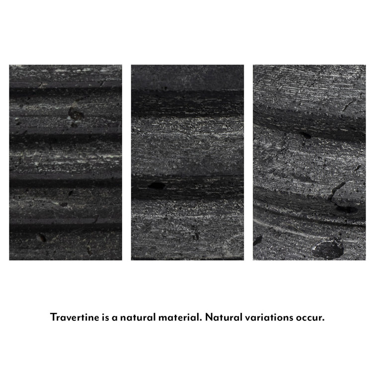 Noir Accordion Column 27" Black Travertine Lamp with Linen Shade