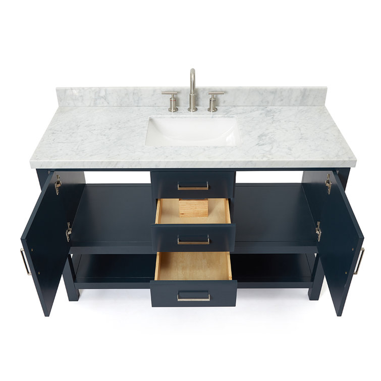 Midnight Blue Single Vanity with White Marble Top, 55"