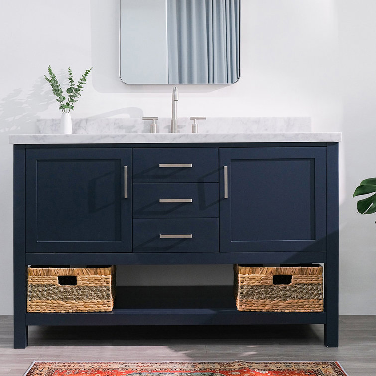 Midnight Blue Single Vanity with White Marble Top, 55"