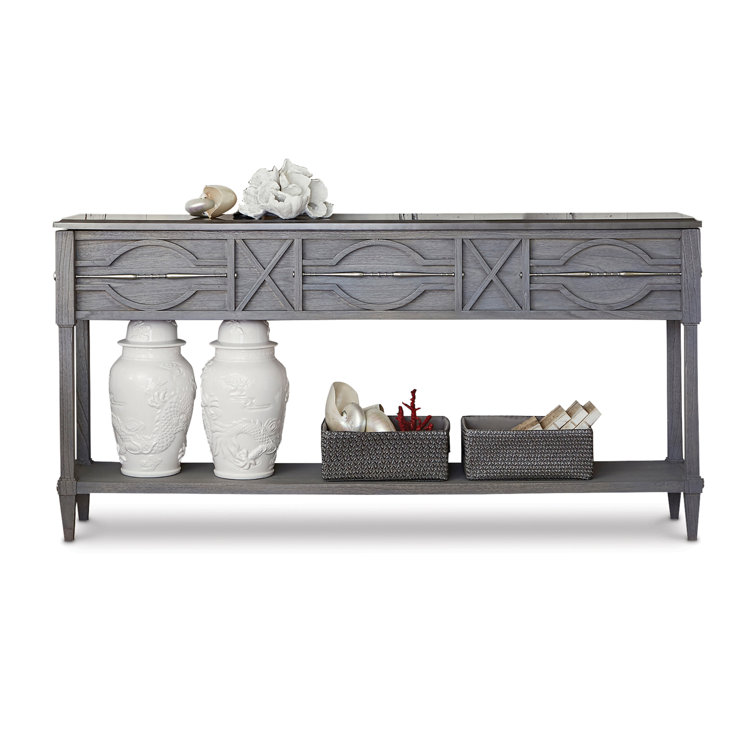 Weathered Gray Wood and Brass Spindle Console Table