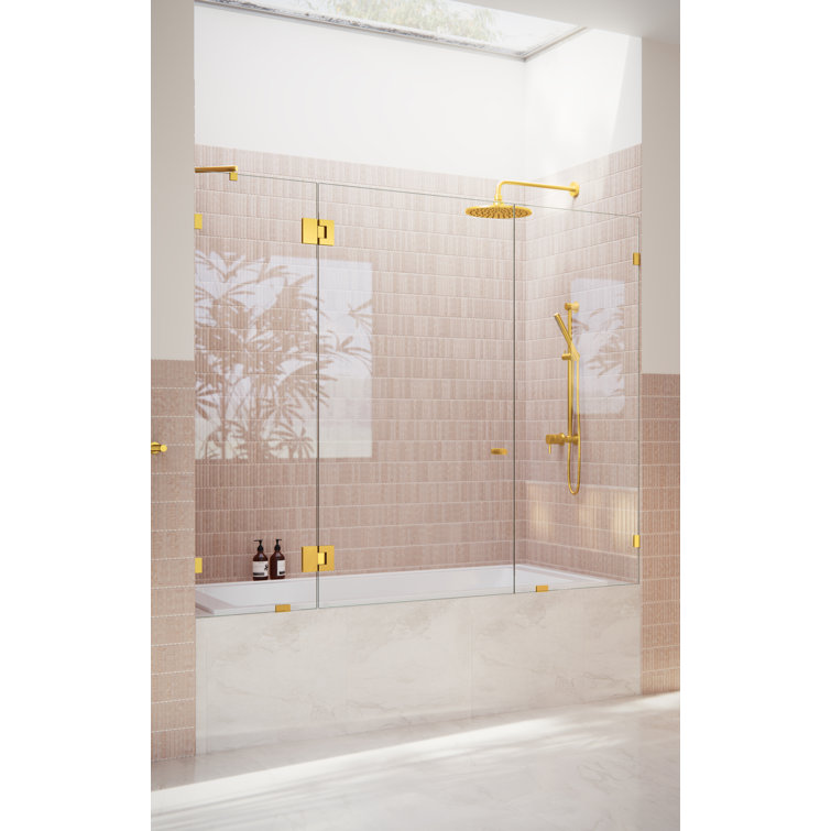 Stellar 73'' Clear Tempered Glass Frameless Bathtub Shower Door with Satin Brass Hardware
