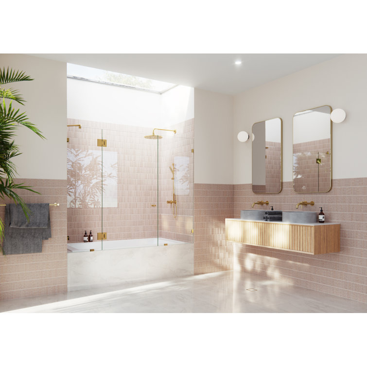 Stellar 70'' Clear Tempered Glass Frameless Bathtub Door with Polished Brass Hardware
