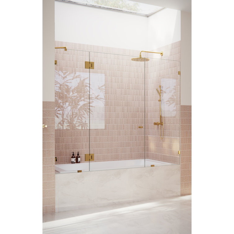 Stellar 70'' Clear Tempered Glass Frameless Bathtub Door with Polished Brass Hardware