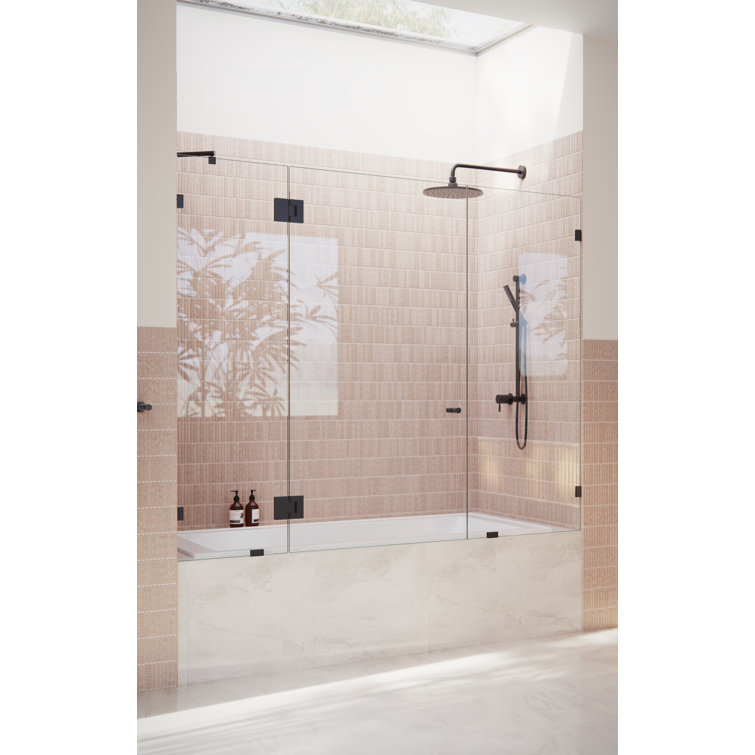 Stellar Matte Black Frameless 3-Panel Tempered Glass Bathtub Door